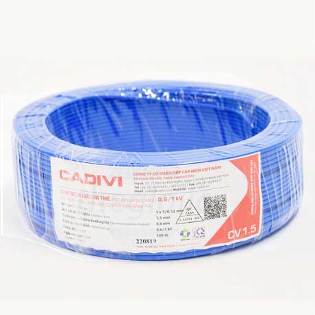 Dây điện đơn CV 1.5 Cadivi, màu xanh, cuộn 100m